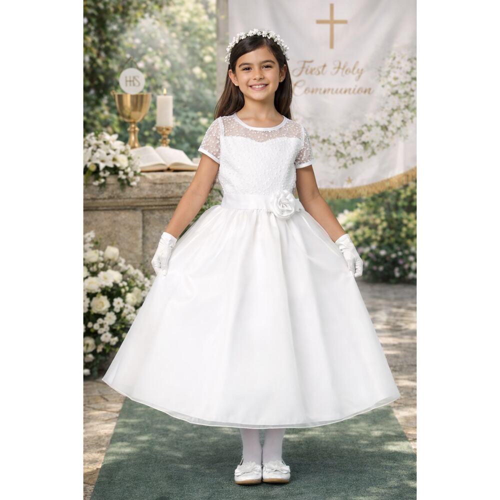 NEW Girls First Holy Communion Dress Size 7 - Corded Emb Lace Tulle Tea-Length